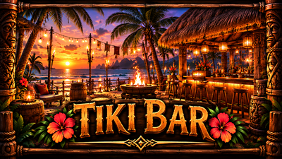 Tiki Bar beach club at sunset